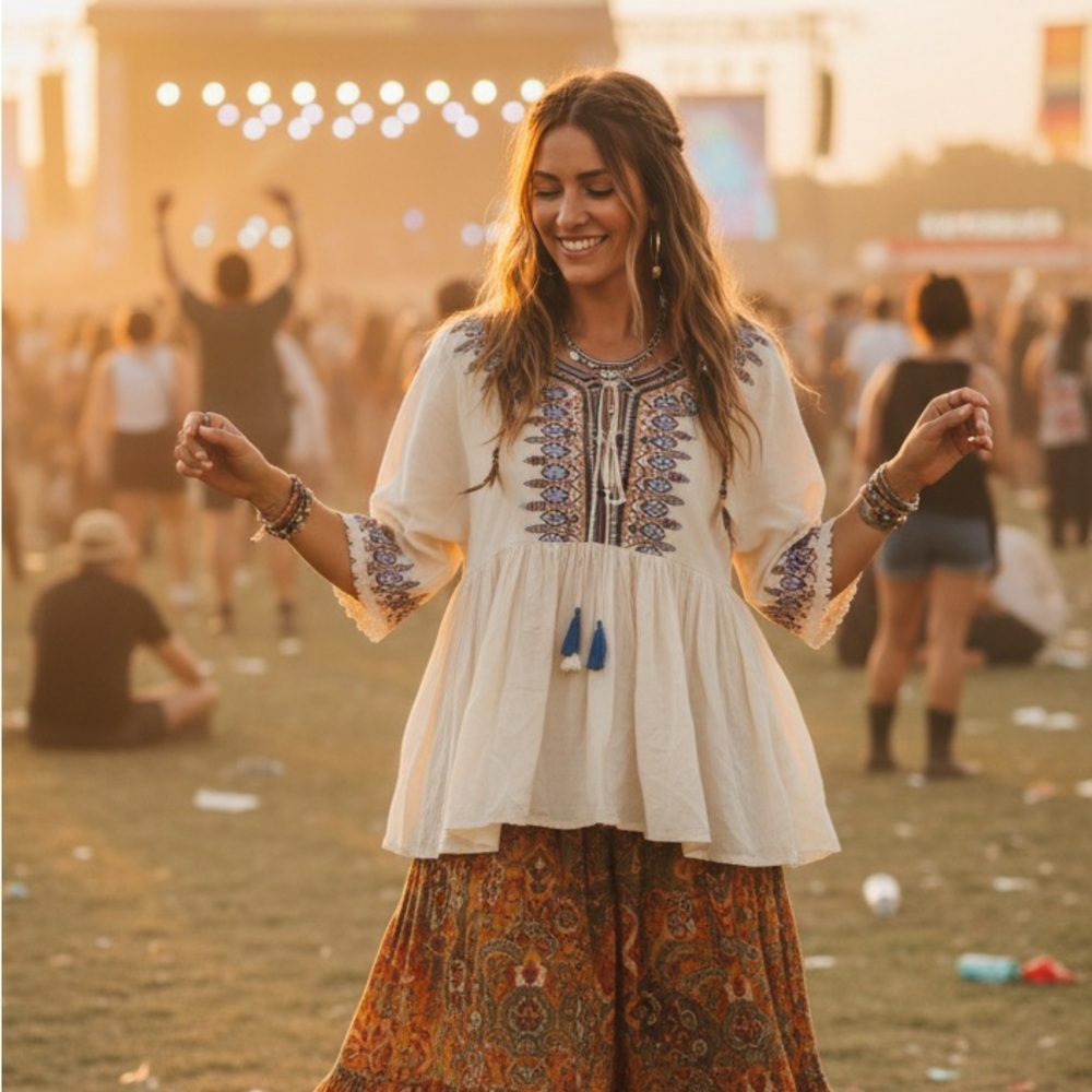 Embroidered Boho Cream Short Sleeve Peplum Style Top with Tie Accents Small